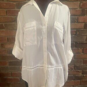 Cloth & Stone Women's White Flowy Button up Blouse Size Medium